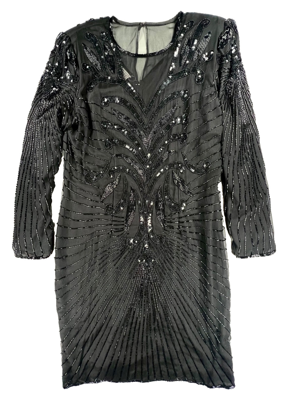 NWT Vintage Stenay Black Sequin Beaded Long Sleeve Dress (Size 14) - 100% Silk